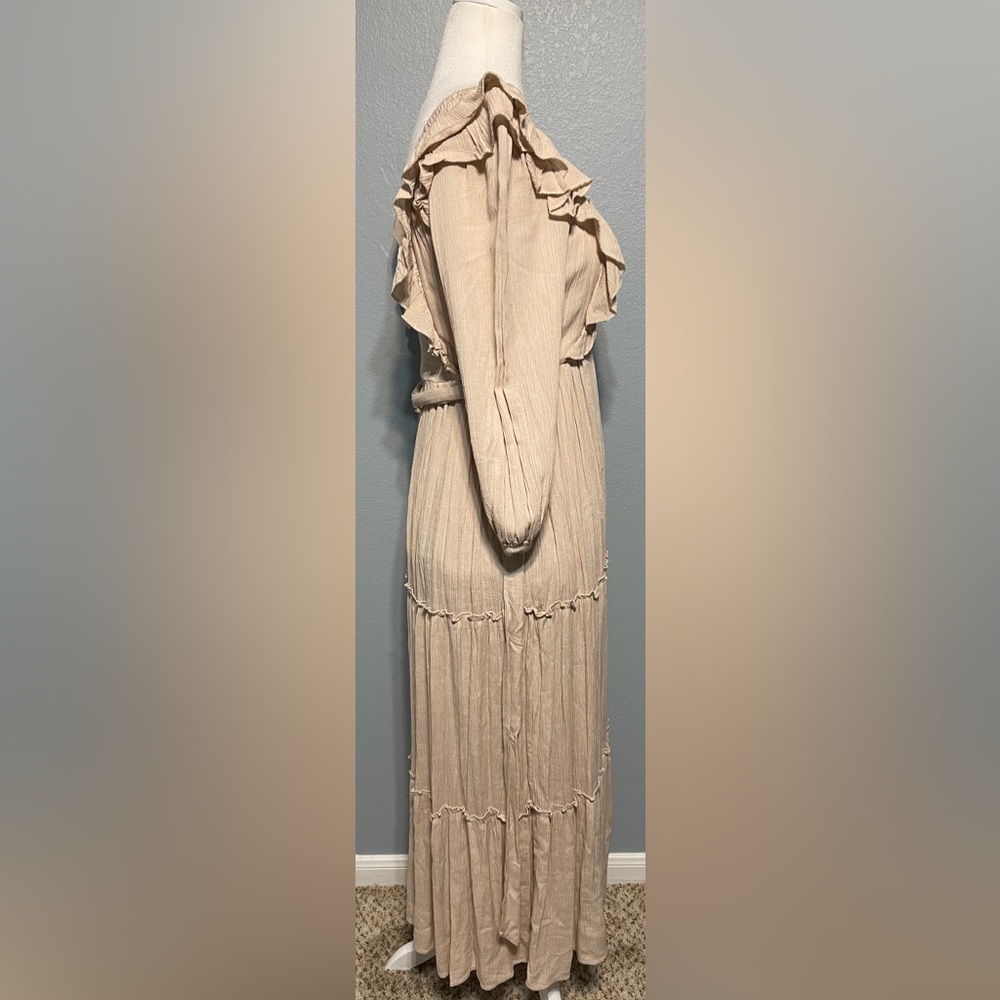 In Loom Smocked Ruffle Strap Maxi Dress Beige Prairie Cottagecore Boho Medium - Picture 3 of 8